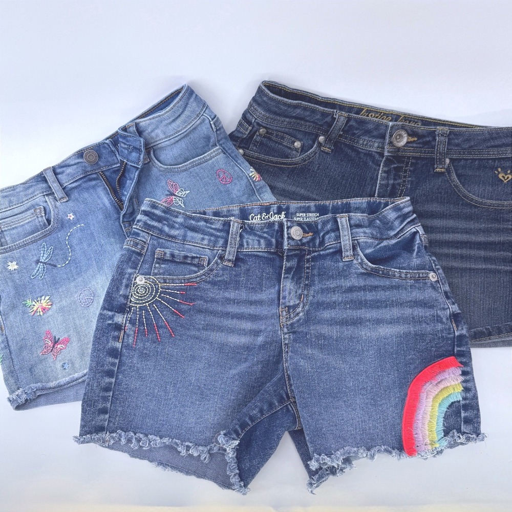 Gap Cat & Jack Justice Denim Shorts Bundle Kids 10-12 Blue SUMMER Embroidered